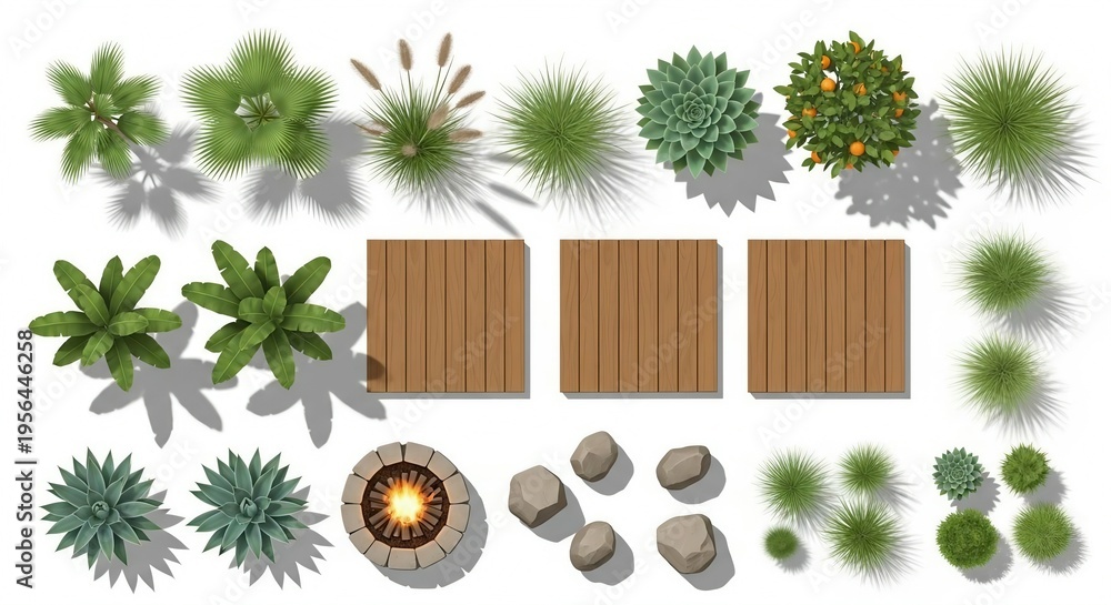 Top view garden landscape elements set with plants trees and fire pit ...
