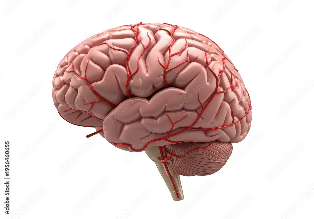 Detailed anatomical illustration of a human brain from a side ...