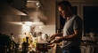 © RYUJIN Studio - A middle-aged man in casual clothes cooking a late-night meal on an electric induction stove, tired but focused expression, dim kitchen lighting, steam rising from pot, cinematic moody atmosphere