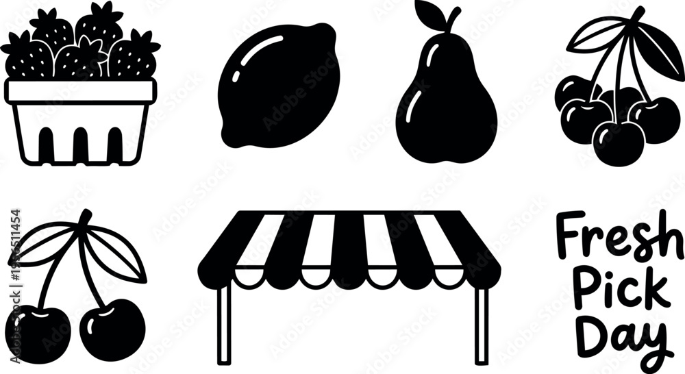 Vector line art set of fruit icons and market stall with fresh pick day ...