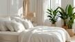 © LimeSky - Bright bedroom featuring a spacious bed, light-colored pillows, and plants.