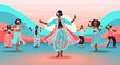 © aruna - Virtual reality dance party with diverse group of people in colorful costumes on the metaverse