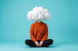 © shephotos - Minimalist surrealism of person with cloud instead of head sitting in lotus pose as symbol of inner peace and letting go of heavy thoughts and routine. Self-care