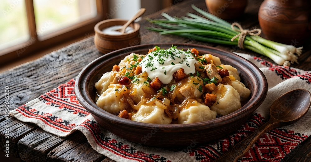 Halushky Traditional Ukrainian halushky dumplings with sour cream and fried ...