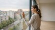 © Guzel - A young woman stands in a modern empty apartment and looks out the window at the city during sunset, real estate, contemplation, new home concept.