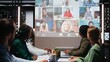 © DC Studio - Diverse coworkers joining a video conference with international stakeholders, gathering in boardroom for a late night meeting. Business associates pitch proposals for project development. Camera A.