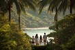 © SKIMP Art - a happy family of four, a mother and father with two children, standing on the terrace overlooking an exotic beach in thailand Generative AI