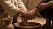 © Olga Ко - iblical scene of Jesus Christ washing the feet of his disciple with a cloth over a wooden basin. Concept of humility, servant leadership, and Maundy Thursday during Holy Week.