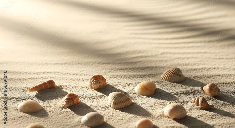 Minimal seashell background with small shells scattered on clean sand ...