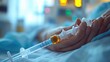 © Liliya - patient hand holding syringe with infusion tubing on hospital bed, dim monitors blurred in background conveying vulnerability and quiet hope
