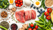© galih - A fresh collection and collage of healthy ingredients featuring meat, bread, fruit, vegetables, and sweet snacks isolated on a white background for a complete meal set