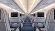 © Pavel - Modern empty passenger airplane cabin with aisle view, economy class seats and in-flight entertainment screens, clean travel transport concept.