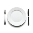 © MDABDUR - A clean white ceramic plate with a silver fork and knife arranged symmetrically on white background