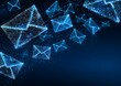 © Ranazain - Futuristic digital envelopes composed of glowing blue dots and lines fly across a deep blue abstract background creating a vibrant high tech communica