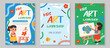 © TWINS DESIGN STUDIO - Kids art and craft workshop vector poster set with flower painting activity, creative classroom project, and children art lesson design. Cute colorful education flyer collection.