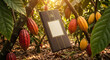 © Patcharin - Levitating dark brown chocolate packaging box mockup with blank label, floating among fresh colorful cacao pods on a tree in a sunny tropical cocoa farm.