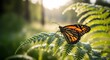 © HO - A monarch butterfly, a symbol of transformation and beauty, rests on a fern frond, its vibrant orange wings contrasting with the soft green of the plant.