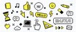 © Mariia - Black yellow pixel icons in retro 8-bit Y2K style. Cool old school digital pack. School and lifestyle elements. Speech bubble, hello, hi text, laptop, lightning, music notes. Fun nostalgic stickers