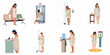 © Reno - Set of flat vector illustrations depicting a female patient's journey through different hospital settings, from waiting rooms to treatment areas.