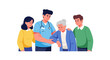 © HambaTuhanImages - Illustration of a doctor with a stethoscope presenting a health plan to a senior with family members around on World Health Day against a clean background with a design icon style conveying