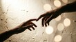© akim - Two hands reaching toward each other against textured wall background with soft bokeh lights, symbolizing connection, relationship, love, and human touch in artistic conceptual photography composition