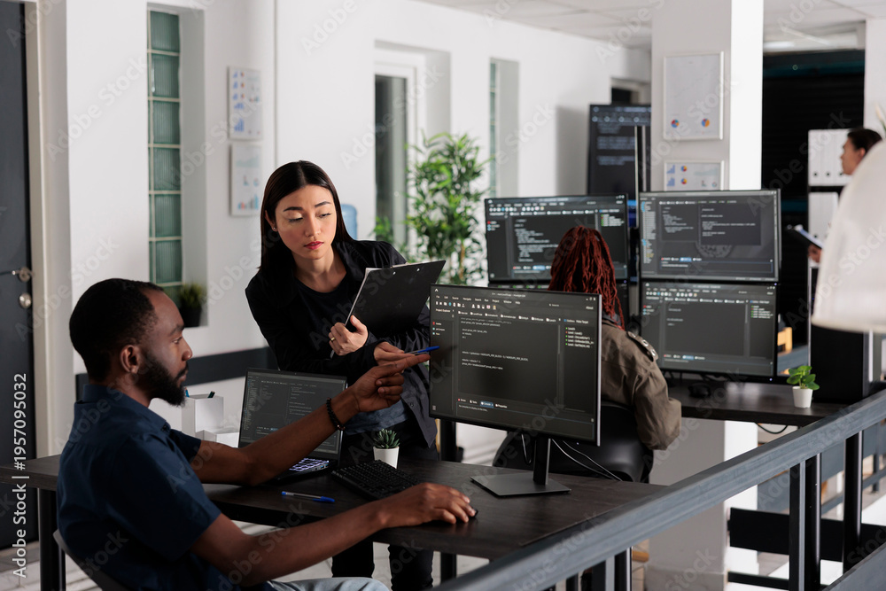 African american web developer using computer to write code and develop ...