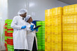 © iPoguz - Diverse quality control inspectors team checking food stock and inventory in a cold storage warehouse, African factory workers supervising supply chain distribution and food packaging crates