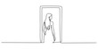 © Das - A continuous line drawing of a woman standing in a doorway looking towards the right side view