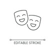 © SomDraw - Comedy theater masks line icon. Drama performance acting entertainment stage show comedy arts. Line with editable stroke single symbol. Thin linear style sign. Outline vector illustration