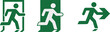 © PROTAP - Emergency exit sign icons set, running man evacuation symbol, safety signage, escape route direction, green pictogram, public safety illustration concept