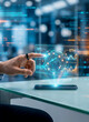 © DesignStory - Future of cryptocurrency trading and investment: holographic data with Bitcoin and Ethereum accessed by finger on a mobile phone on a transparent surface.