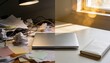 © DELstudio - Before and after productivity concept: chaotic messy desk with cables and crumpled paper vs clean minimal workspace with laptop and notebook