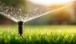 © Generative AI - Automatic Sprinkler System Watering Fresh Green Lawn in Backyard During Sunny Summer Day