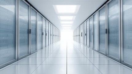  Data Center Corridor with Rows of Server Racks and Bright Light at the End of the Hall