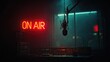 © Dina - An empty, professional radio broadcasting studio at night, with a single microphone under a spotlight, its 'ON AIR' sign glowing red, atmospheric and moody --ar 16:9 --v 7 Job