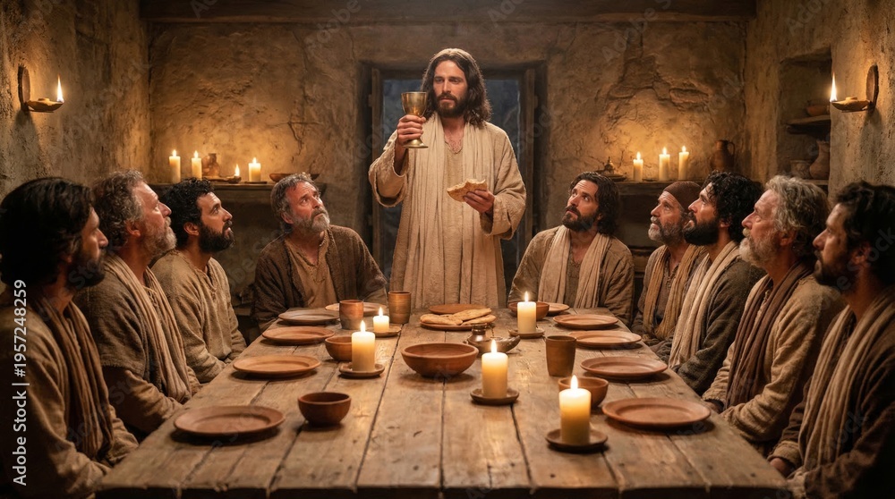 Jesus holding a golden chalice and bread while sitting at a long table ...