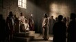 © AlfaSmart - Jesus standing before Pontius Pilate in ancient roman courtroom. Roman governor sitting on throne with soldier guard. Biblical trial scene, religious event, historical drama concept.