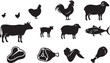 © ELAnani - Collection of animal silhouettes for meat and food, including livestock and fish, chicken wing