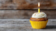 © Kateryna Arkhypova - Cupcake with frosting and a birthday candle, cheerful celebration of joyful life moments concept, festive lifestyle photography, defocused background, with copy space