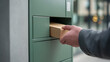 © photo for everything - Close up of a hand placing a brown cardboard package into a modern green parcel locker, emphasizing convenient delivery and pick-up services