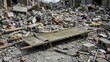© ArtMajestic - Empty military stretcher lying on rubble in destroyed city street. War conflict and humanitarian crisis aftermath banner with copy space