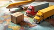 © Anna - Global shipping concept with toy trucks airplane and parcel on world map for logistics design poster background