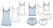 © Liubov Hladka - Women Sleepwear Set Fashion Flat Technical Drawings, Lace Trim Slip Dress Camisole Top and Sleep Shorts CAD Templates
