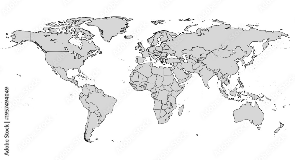 Outline world map with country borders global political map for