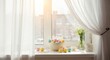 © Alena - Easter Eggs in Sunshine: A bright window scene, showcasing an arrangement of colorful Easter eggs in a bowl, delicate flowers, and soft curtains bathed in the sunlight.