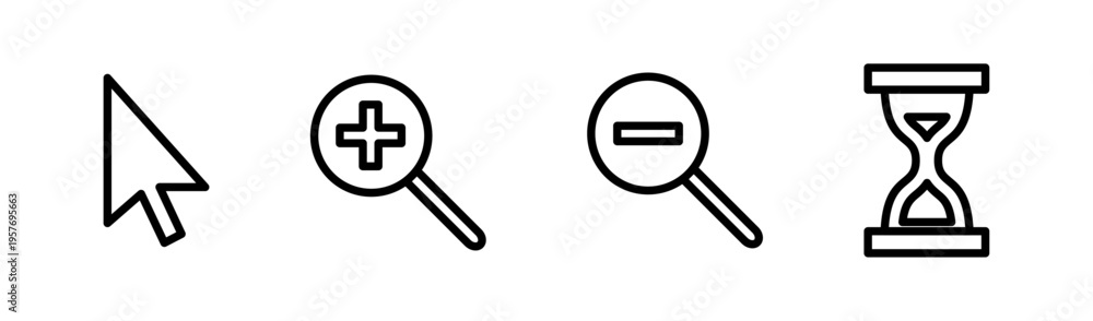 Outline cursor zoom and hourglass icons set, pointer with zoom in zoom ...