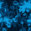 © Pattern Jungle - Dark blue abstract floral pattern with bright blue flowers and leaves