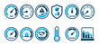 © Vladislav - Set of blue risk assessment icons featuring various gauges, meters, and symbols to indicate levels like high, critical, secure, and safe for performance dashboards and infographics