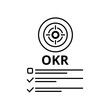 © MstMinara - OKR Objectives and Key Results Vector Icon Illustration. A minimalist black line art design on white background featuring a target symbol, the acronym OKR, and a checklist for goal setting.