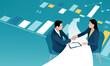 © bizvector - Successful contract. Business couple shaking hands after signing contract on the background of growing business chart. The table transforms into an arrow. Concept business vector illustration.